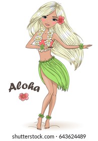 Hand Drawn Beautiful Cute Hula Girl With Hibiscus Necklace On The Background With Inscription Aloha. Hawaii Concept. Vector Illustration.