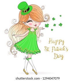 Hand drawn beautiful, cute, leprechaun girl with an inscription happy st. patricks day. Vector illustration.