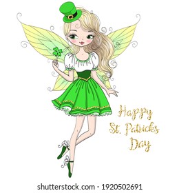 Hand drawn beautiful, cute, leprechaun girl with an inscription happy st. patricks day. Vector illustration.