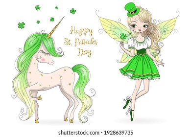 Hand drawn beautiful, cute, leprechaun girl with unicorn. Vector illustration.