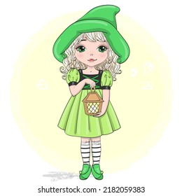 Hand drawn beautiful, cute, leprechaun gnome girl with lantern. Vector illustration.