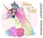 Hand drawn beautiful cute little unicorn girl with wreath and butterfly on her head. Vector illustration.