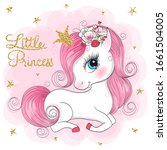 Hand drawn beautiful cute little unicorn girl with flowers on her head. Vector illustration.