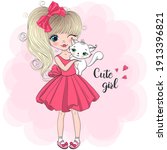 Hand drawn beautiful, cute, little blonde girl with pretty cat on the background with words Cute girl. Vector illustration.