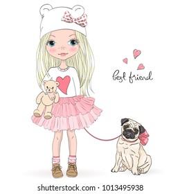 Hand drawn beautiful, cute, little girl with pretty dog pug. Vector illustration.