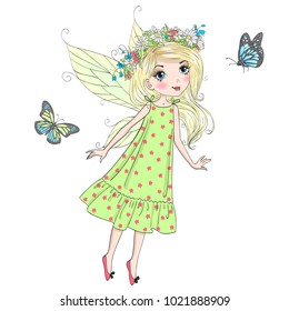 Hand drawn beautiful cute little fairy girl with a butterflys. Vector illustration.