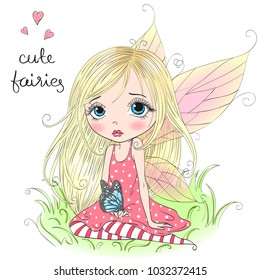 Hand drawn beautiful cute little fairy girl with a butterfly. Vector illustration.