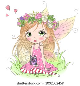 Hand drawn beautiful cute little fairy girl with a butterfly and wreath on her head. Vector illustration.