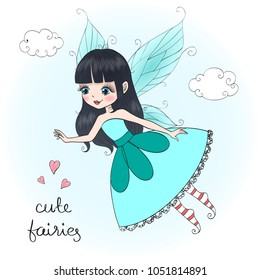 Hand drawn beautiful cute little fairy girl. Vector illustration.