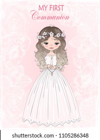 Hand drawn beautiful, cute, little first communion girl with communion dress and flower wreath. Vector illustration.