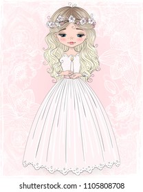 Hand drawn beautiful, cute, little girl with dress and flower wreath. Vector illustration.