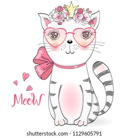 Hand drawn beautiful cute little girl kitty with flowers. Vector illustration.