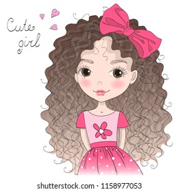 Hand drawn beautiful, cute, little princess girl. Vector illustration.