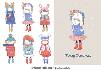 Hand drawn beautiful cute little winter girls collection. Merry Christmas greeting cards vector design