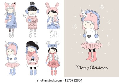 Hand drawn beautiful cute little winter girls collection. Merry Christmas greeting cards vector design