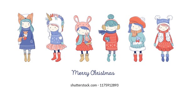 Hand drawn beautiful cute little winter girls collection. Merry Christmas greeting cards vector design