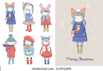 Hand drawn beautiful cute little winter girls collection. Merry Christmas greeting cards vector design