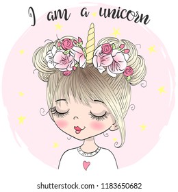 Hand drawn beautiful cute little unicorn girl with wreath on her head. Vector illustration.