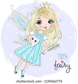 Hand drawn beautiful cute little tooth fairy girl with a tooth . Vector illustration.