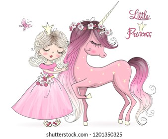 Hand drawn beautiful cute little unicorn with princess girl . Vector illustration.