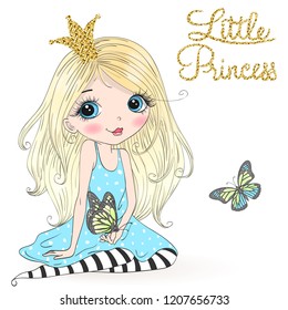 Hand drawn beautiful cute little princess girl with a butterfly. Vector illustration.