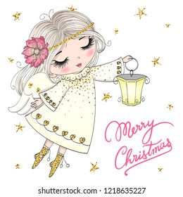 Hand Drawn Beautiful Cute Little Christmas Angel Girl With A Lamp. Vector Illustration.