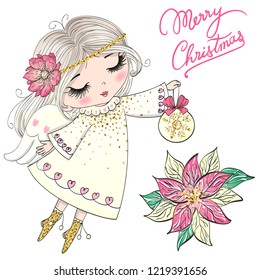 Hand drawn beautiful cute little Christmas angel girl with a flower. Vector illustration.