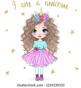 Hand drawn beautiful cute little unicorn girl with wreath on her head. Vector illustration.