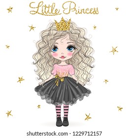 Hand drawn beautiful cute little princess girl with crown. Vector illustration.