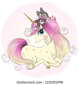 Hand Drawn Beautiful Cute Little Unicorn Girl With Wreath On Her Head. Vector Illustration.