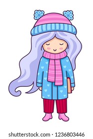 Hand drawn beautiful cute little girl, wearing winter coat. Kawaii cartoon character. Vector illustration.