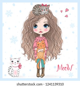 Hand drawn beautiful, cute, little girl with three pretty cats. Vector illustration.