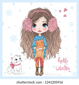 Hand Drawn Beautiful, Cute, Little Winter Girl With Pretty Cats. Vector Illustration.