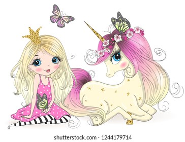 Hand drawn beautiful cute little princess girl with unicorn. Vector illustration.