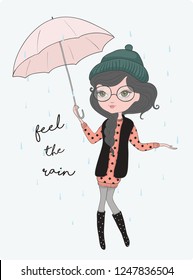 Hand drawn beautiful cute little girl with umbrella on background with an inscription autumn. Vector illustration.