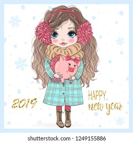 Hand drawn beautiful cute little New Year girl with pink Pig. Vector illustration.