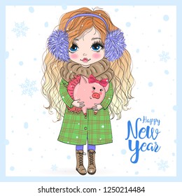 Hand drawn beautiful cute little New Year girl with pink Pig. Vector illustration.