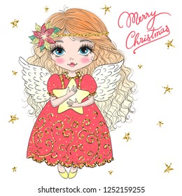 Hand drawn beautiful cute little Christmas angel girl with a star. Vector illustration.