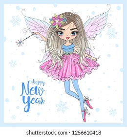 Hand drawn beautiful cute little winter fairy girl with a magic wand and the words Happy New Year. Vector illustration.