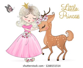 Hand drawn beautiful cute little deer with princess girl . Vector illustration.