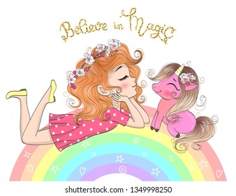 Hand drawn beautiful cute little princess girl with unicorn on the rainbow. Vector illustration.