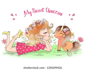 Hand drawn beautiful cute little princess girl with unicorn on the rainbow. Vector illustration.