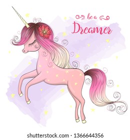 Hand drawn beautiful cute little unicorn girl with stars. Be a Dreamer. Vector illustration.