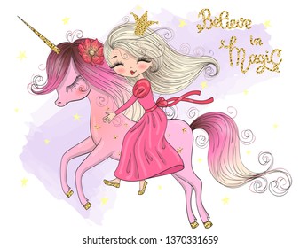 Hand drawn beautiful cute little unicorn and girl with stars. Believe in magic. Vector illustration.