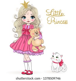 Hand drawn beautiful cute little princess girl with crown and cat. Vector illustration.