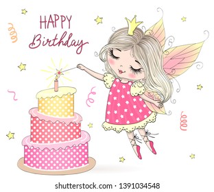 Hand drawn beautiful, cute, little fairy girl Princess with big cake and inscription Happy Birthday. Vector illustration.