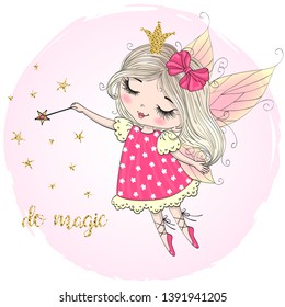 Hand drawn beautiful cute little fairy girl with a Magic wand. Vector illustration.