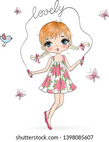 Hand drawn beautiful cute little girl jumping rope. Vector illustration.