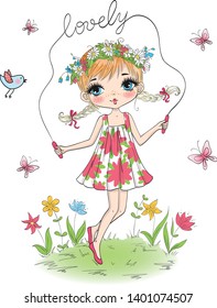 Hand drawn beautiful cute little girl jumping rope with flowers and butterfly. Vector illustration.