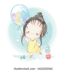 Hand drawn beautiful, cute, little girl. Vector illustration